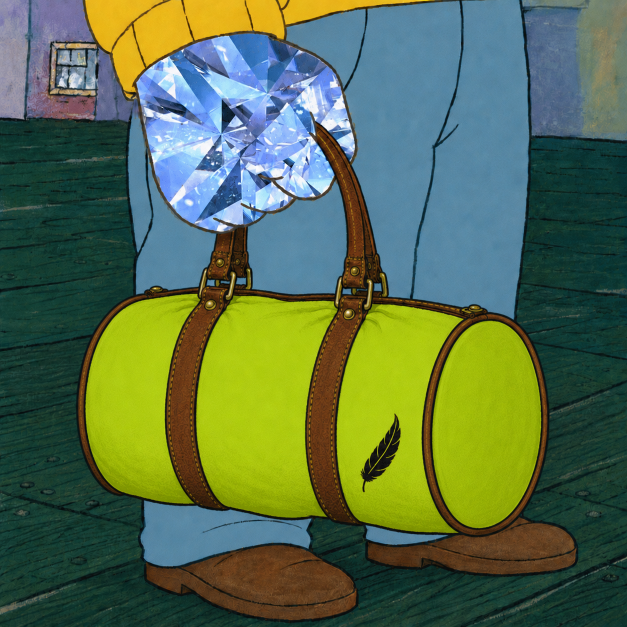 A diamond hand holding the leather strap of the lime-green Bags Packed duffle bag