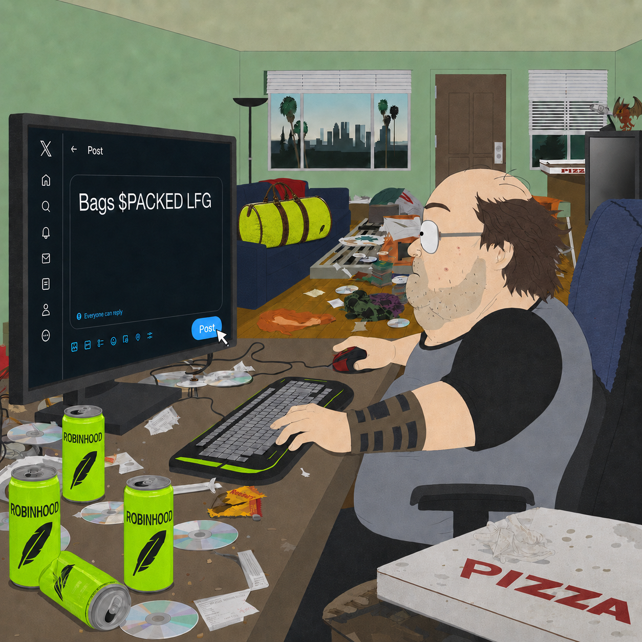 A Robinhood trader posting Bags $PACKED LFG on X with a lime-green Bags Packed duffle bag nearby