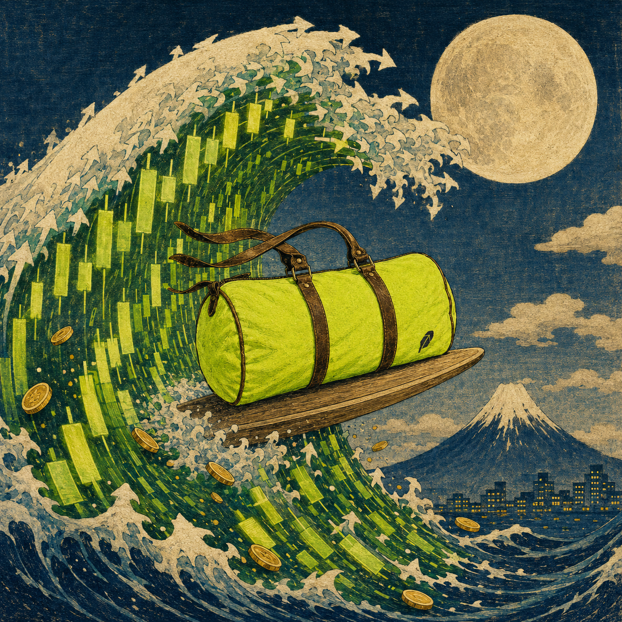 The $PACKED duffle bag in the Ride the Wave meme.