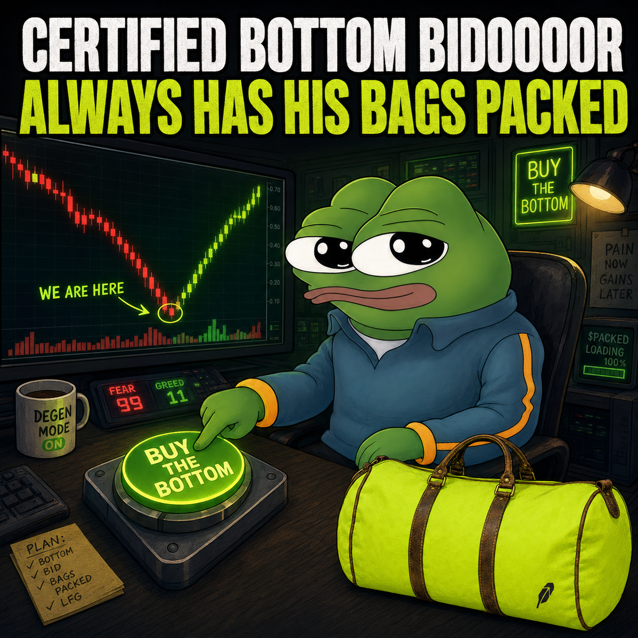 The lime-green $PACKED duffle bag in the Bottom Bidoooor meme.