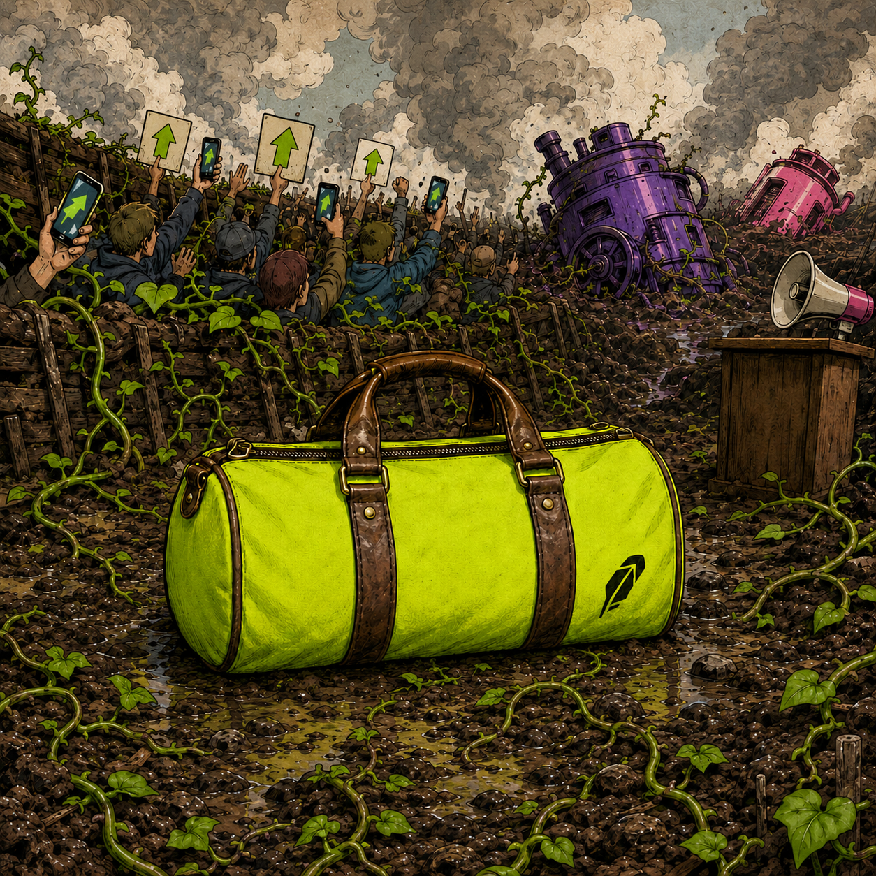 The lime-green $PACKED duffle bag in the Trenches meme.