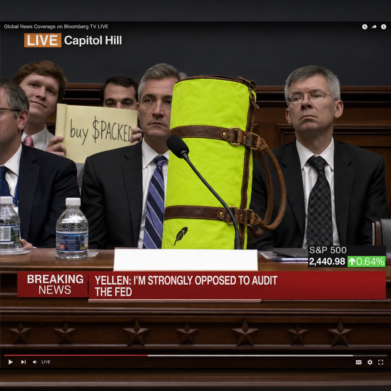 A packed duffle bag at a hearing with a sign reading Buy Packed