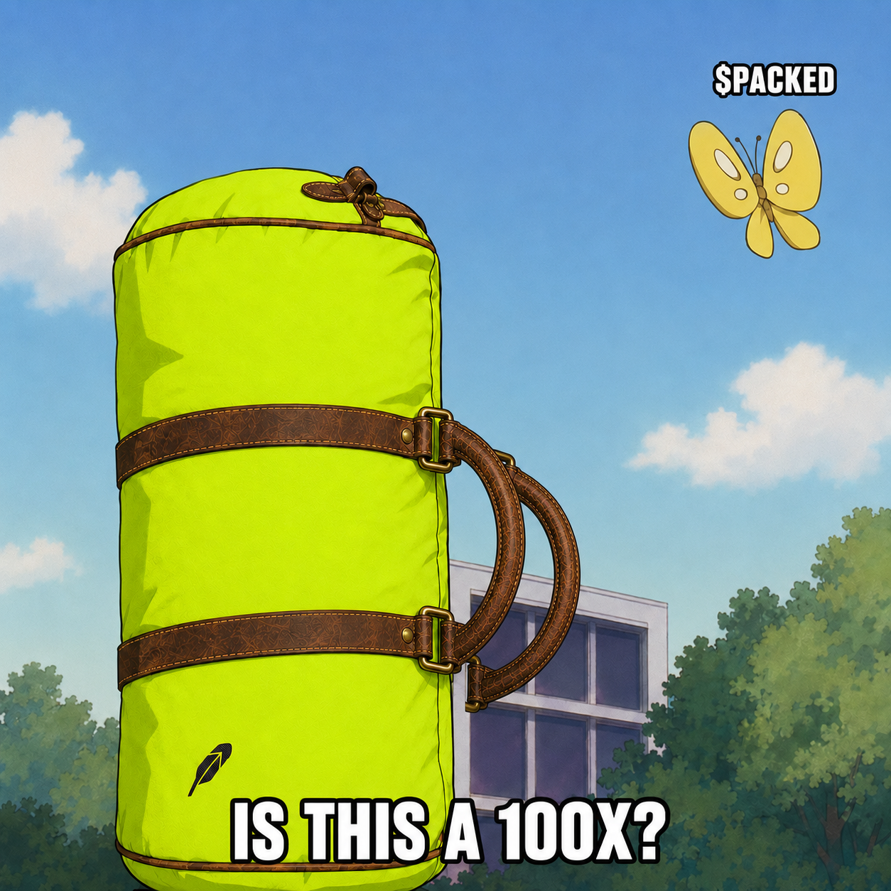 A packed lime duffle bag under a butterfly with the caption Is this a 100x?