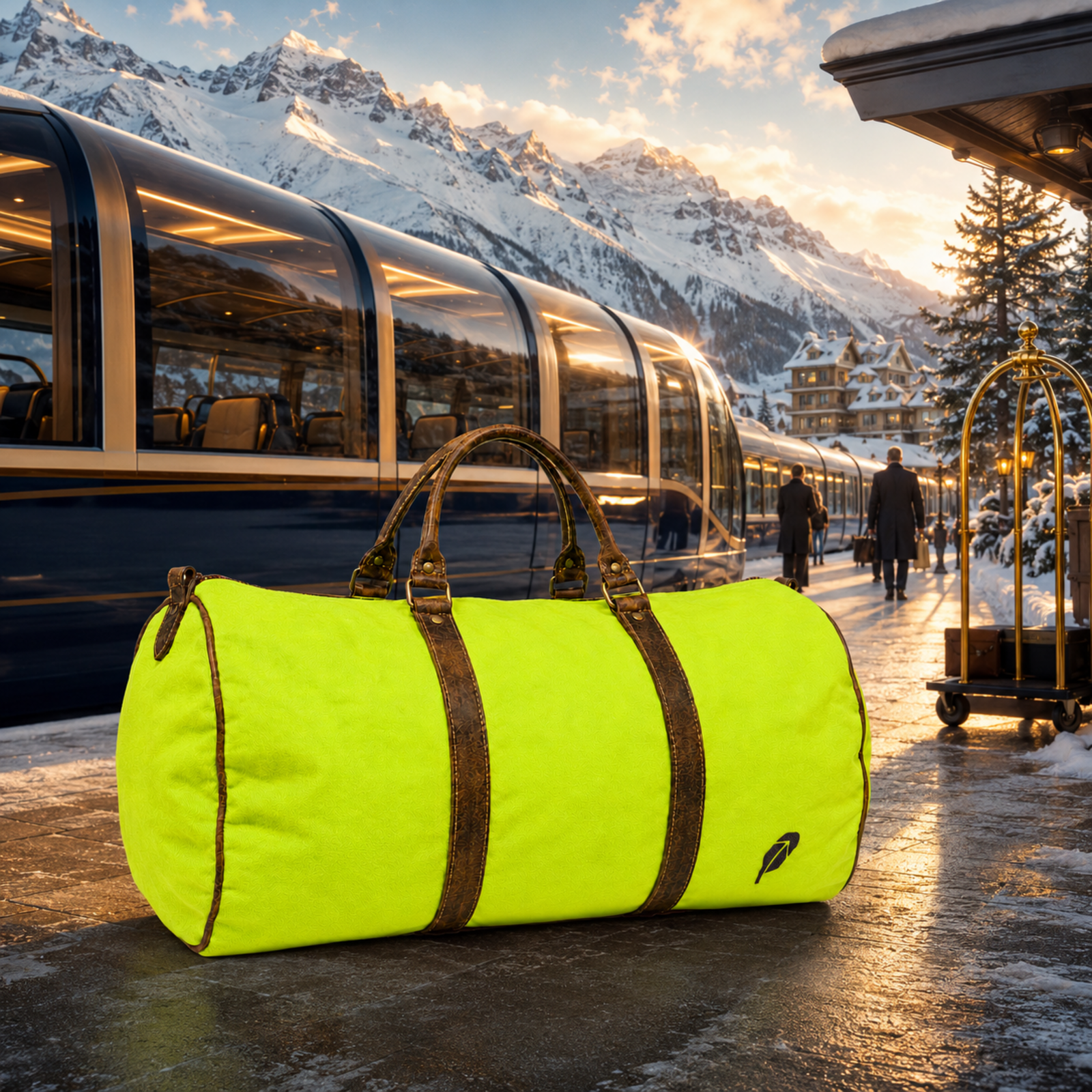 The lime-green $PACKED duffle bag in the Alpine First Class luxury travel meme