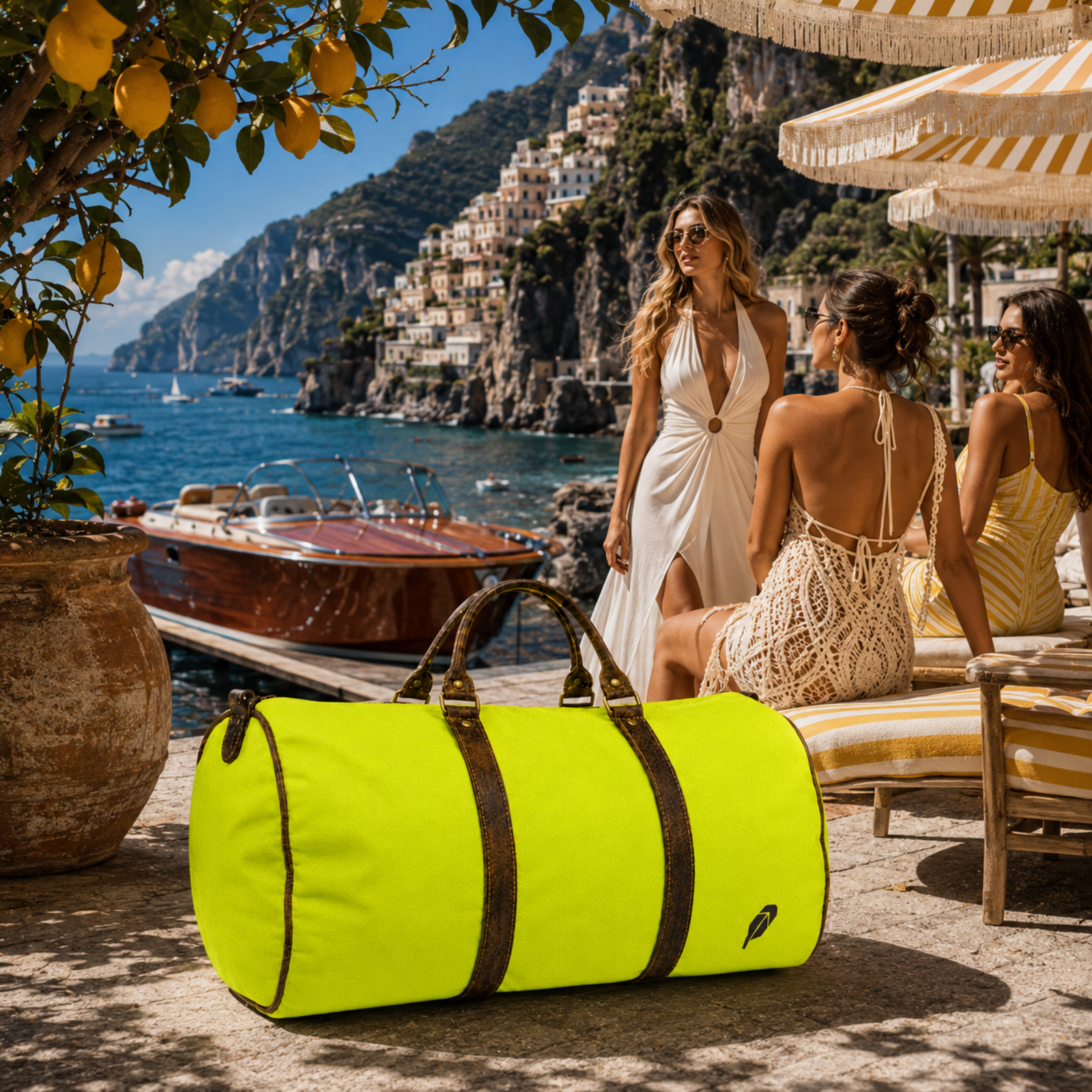 The lime-green $PACKED duffle bag in the Amalfi Beach Club luxury travel meme