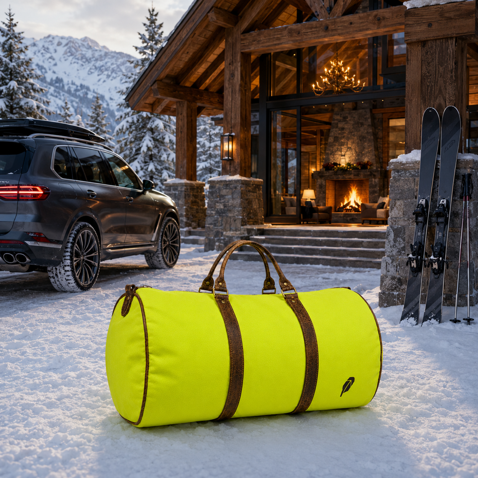 The lime-green $PACKED duffle bag in the Aspen Chalet Weekend luxury travel meme