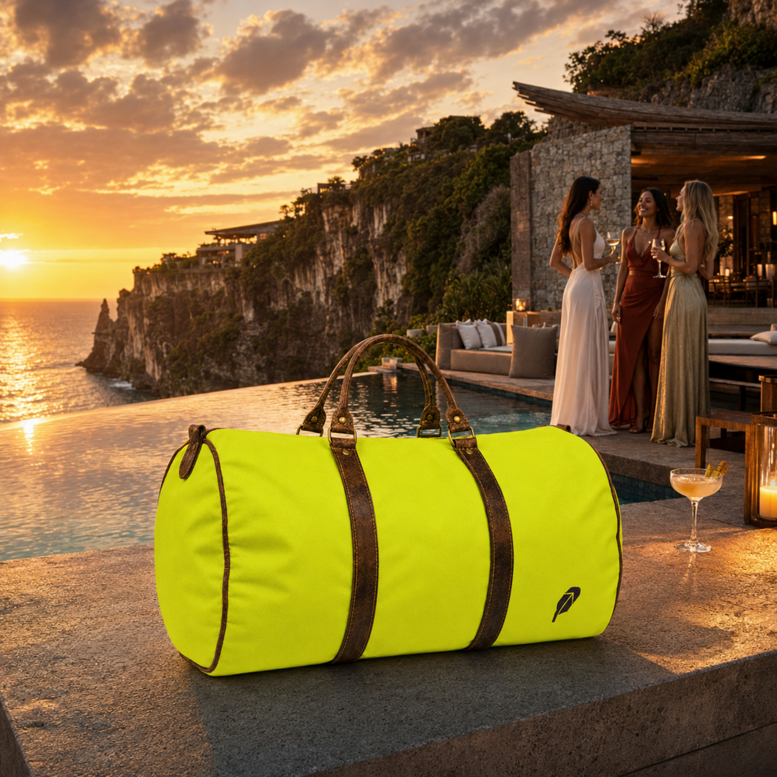 The lime-green $PACKED duffle bag in the Bali Clifftop Sundown luxury travel meme