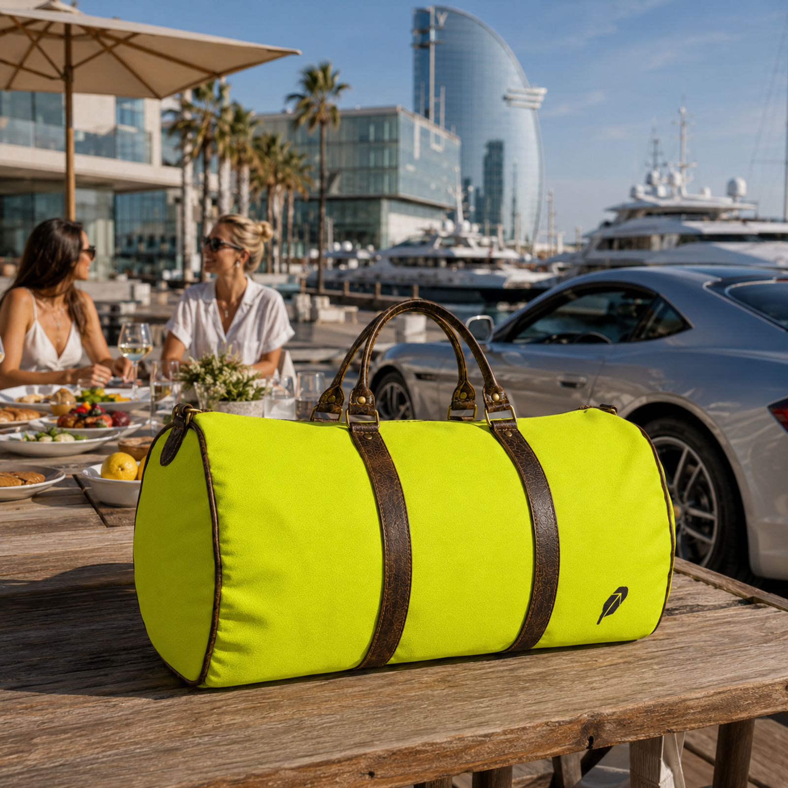 The lime-green $PACKED duffle bag in the Barcelona Marina Brunch luxury travel meme