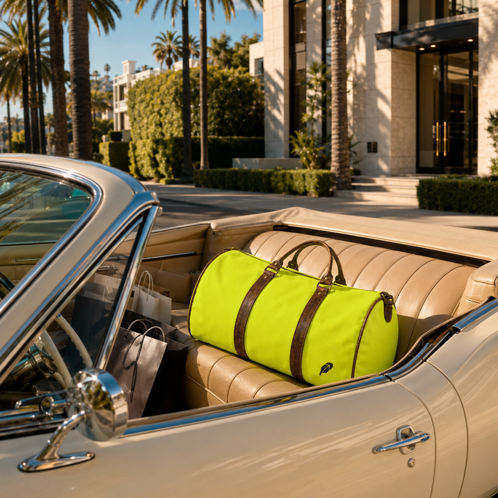 The lime-green $PACKED duffle bag in the Beverly Hills Top Down luxury travel meme