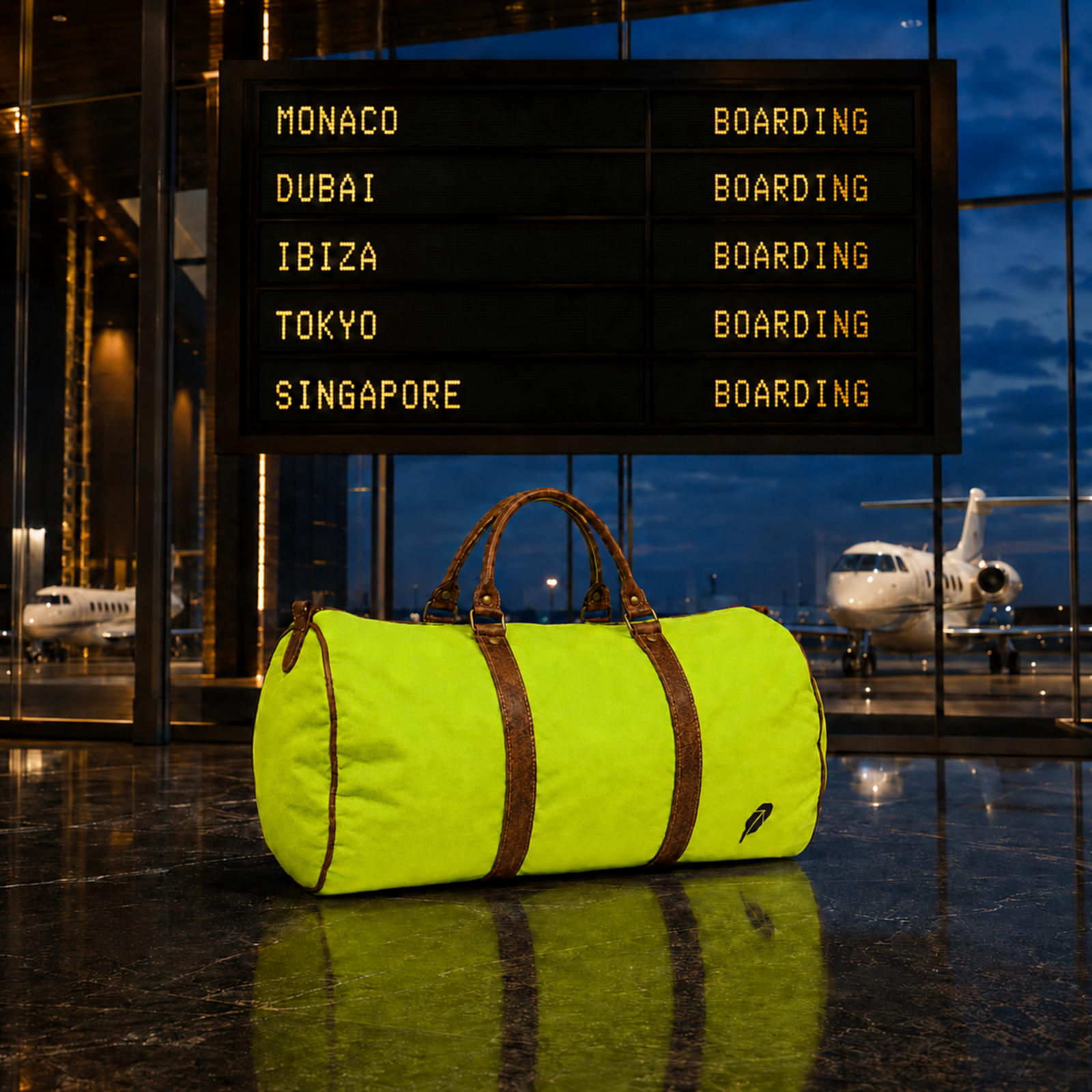 The lime-green $PACKED duffle bag in the Boarding Everywhere luxury travel meme