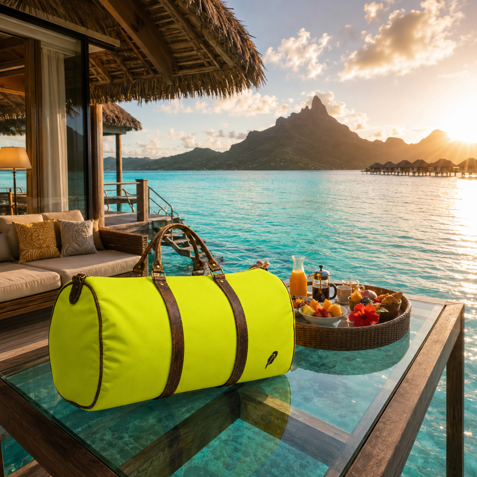 The lime-green $PACKED duffle bag in the Bora Bora Breakfast luxury travel meme