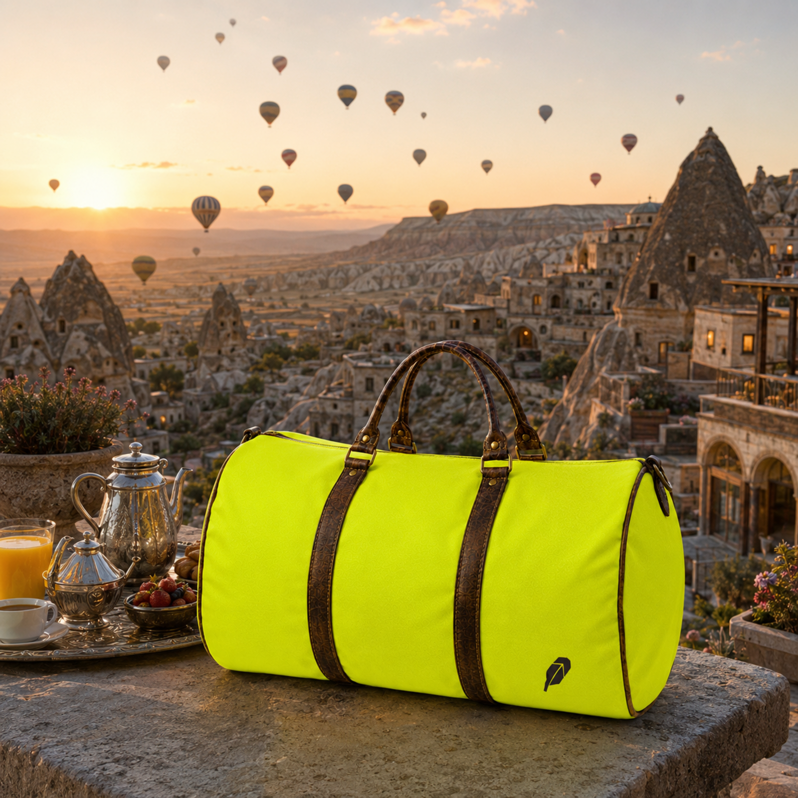 The lime-green $PACKED duffle bag in the Cappadocia Balloon Dawn luxury travel meme