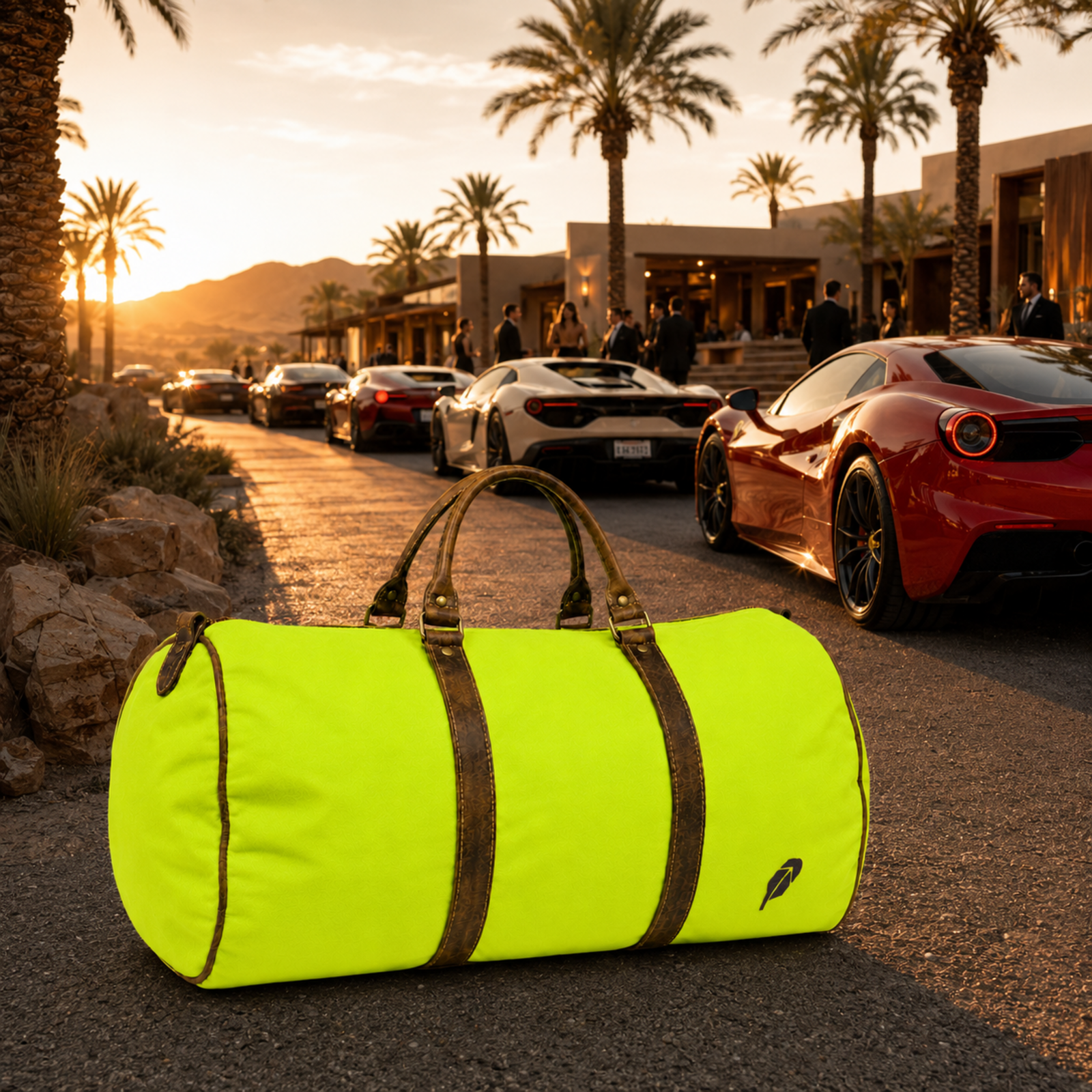The lime-green $PACKED duffle bag in the Desert Supercar Convoy luxury travel meme