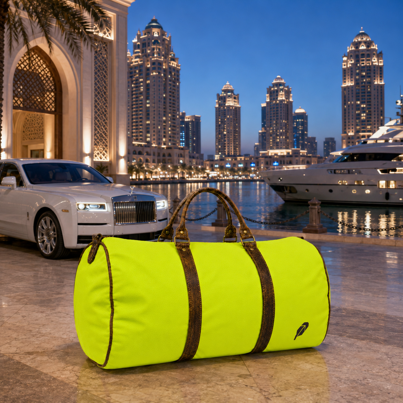 The lime-green $PACKED duffle bag in the Doha Pearl Marina luxury travel meme