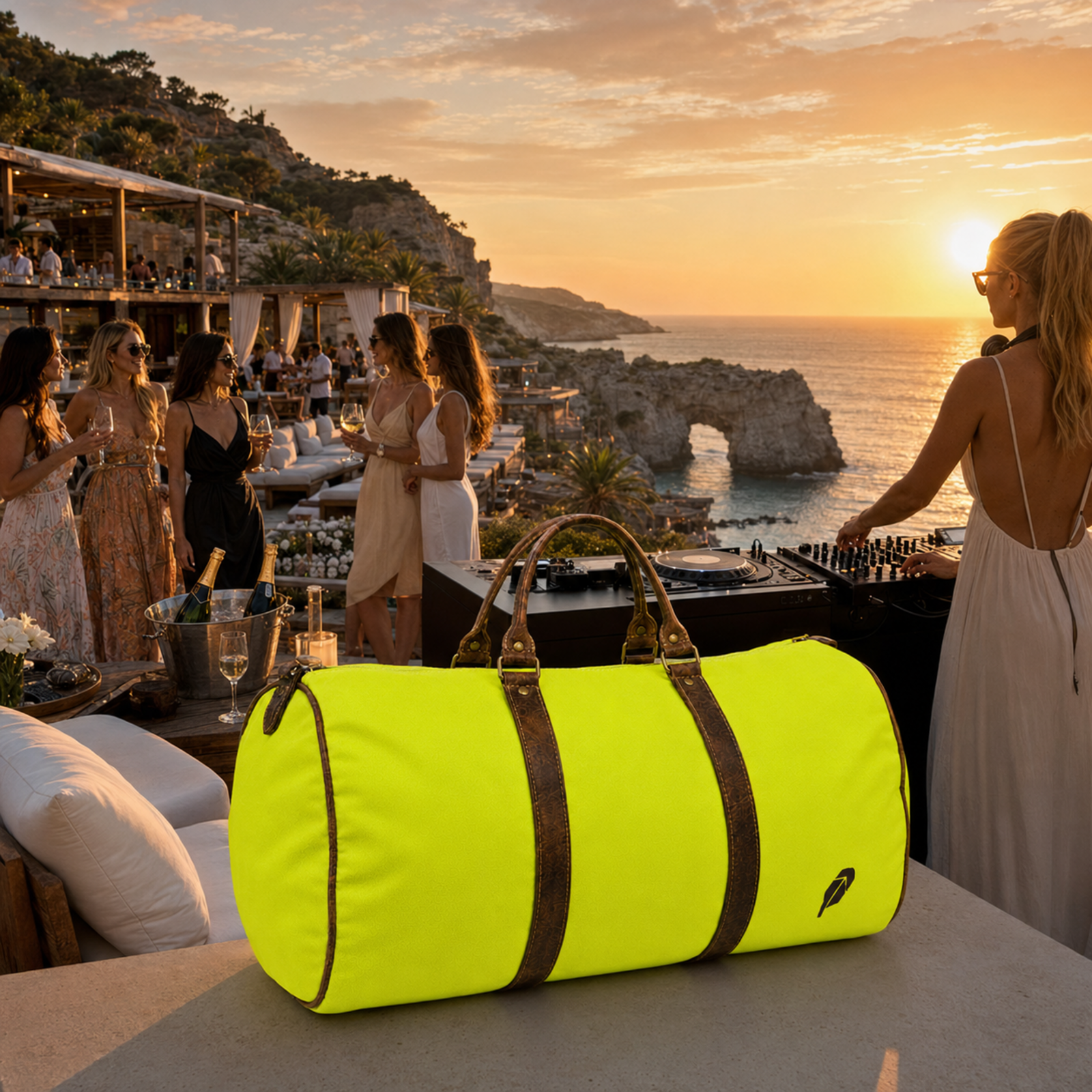 The lime-green $PACKED duffle bag in the Ibiza Sunset Party luxury travel meme