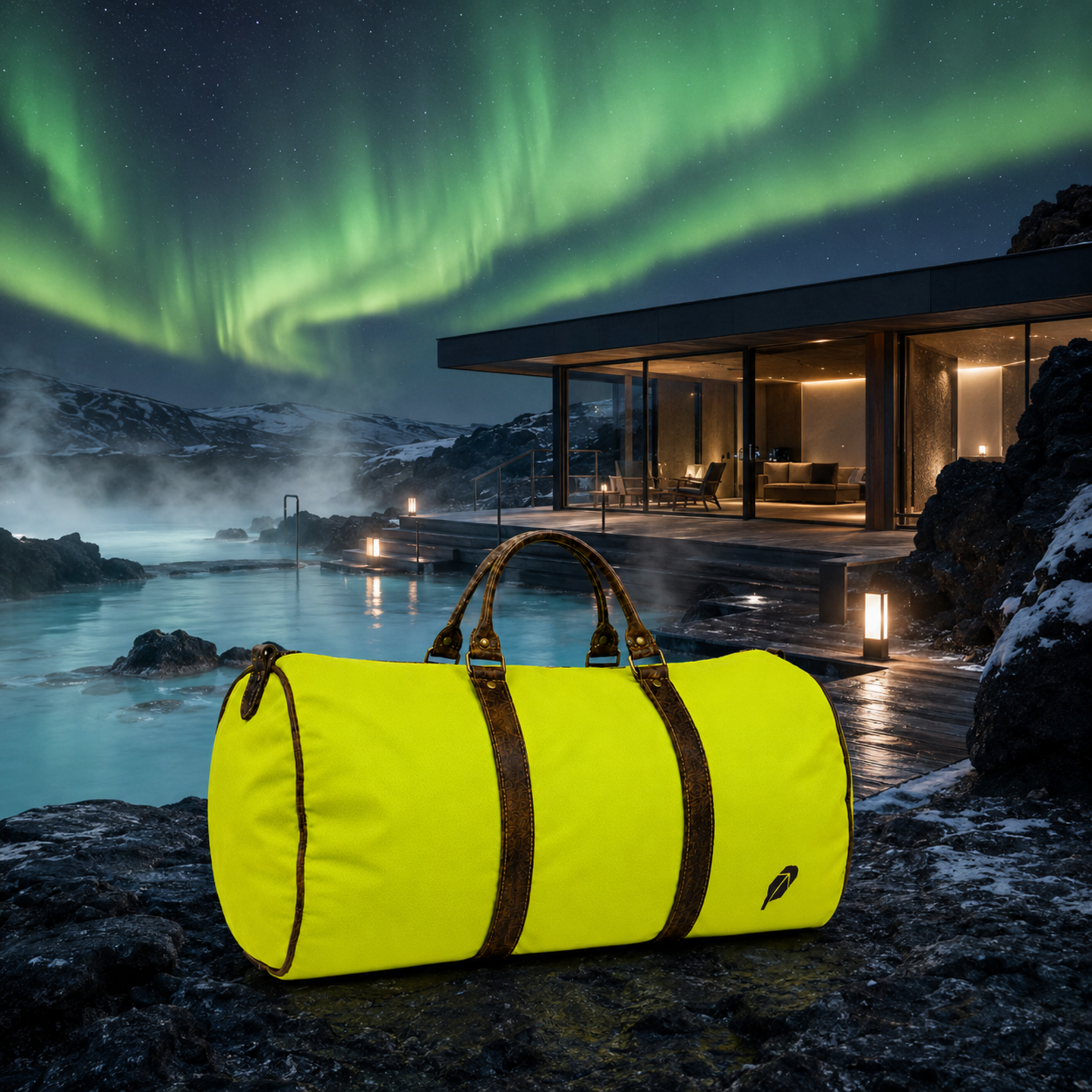 The lime-green $PACKED duffle bag in the Iceland Blue Lagoon Suite luxury travel meme