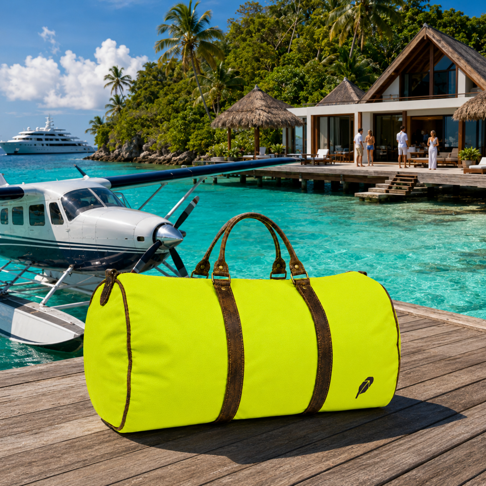 The lime-green $PACKED duffle bag in the Island Villa Landing luxury travel meme