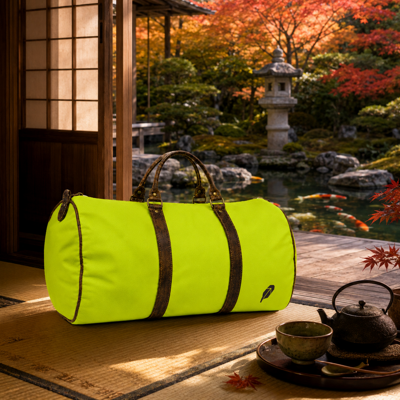 The lime-green $PACKED duffle bag in the Kyoto Ryokan Retreat luxury travel meme