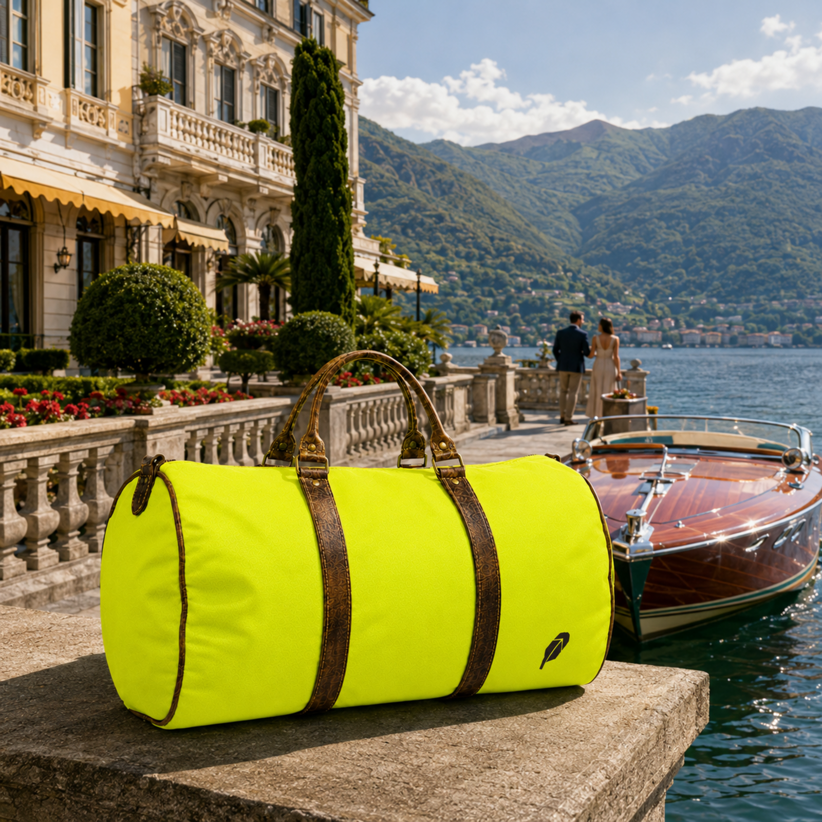 The lime-green $PACKED duffle bag in the Lake Como Grand Hotel luxury travel meme