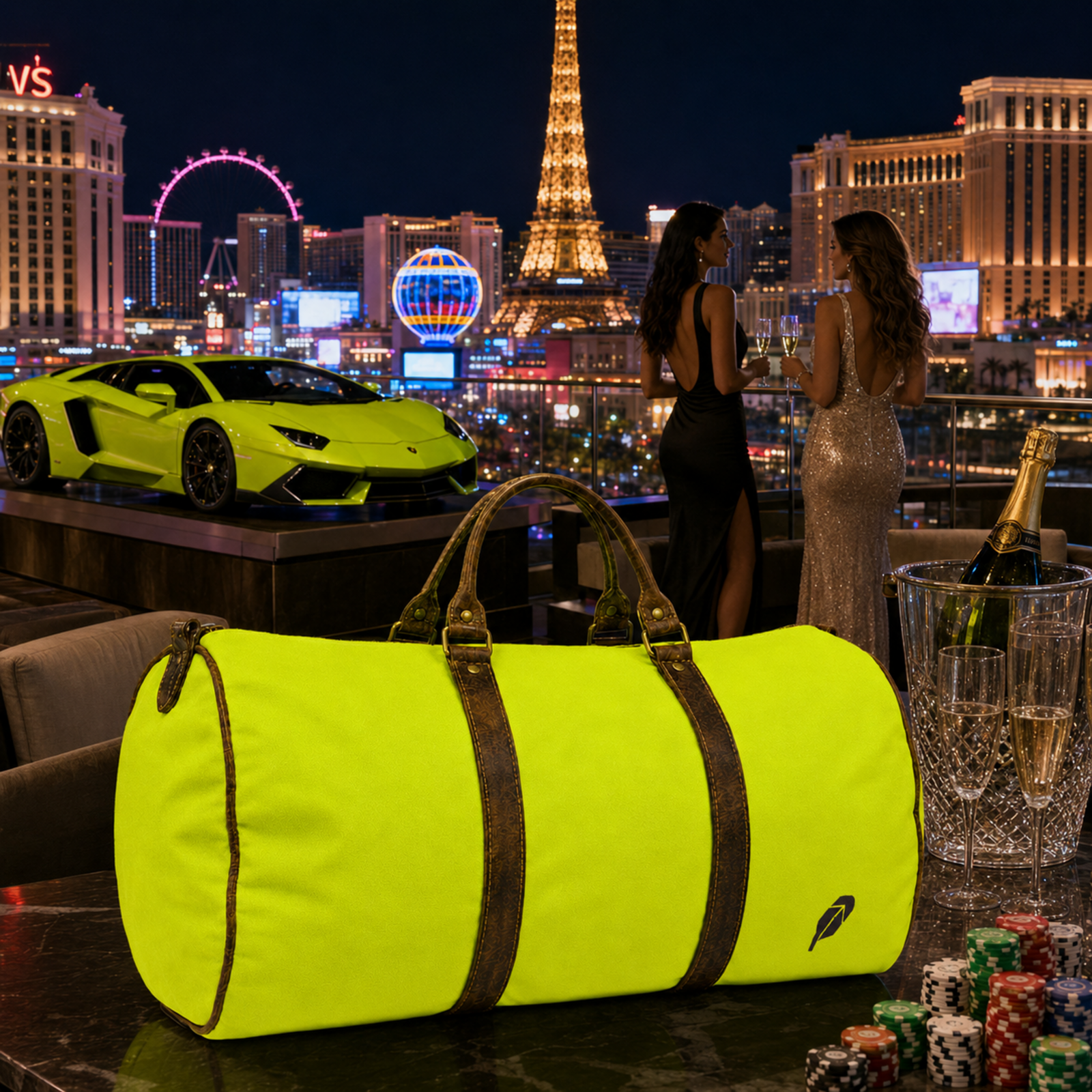 The lime-green $PACKED duffle bag in the Las Vegas High Roller luxury travel meme