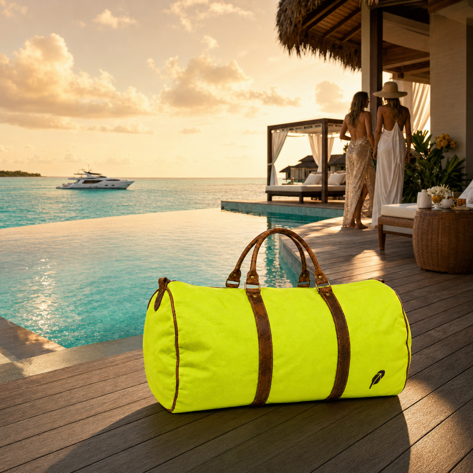 The lime-green $PACKED duffle bag in the Maldives Check In luxury travel meme