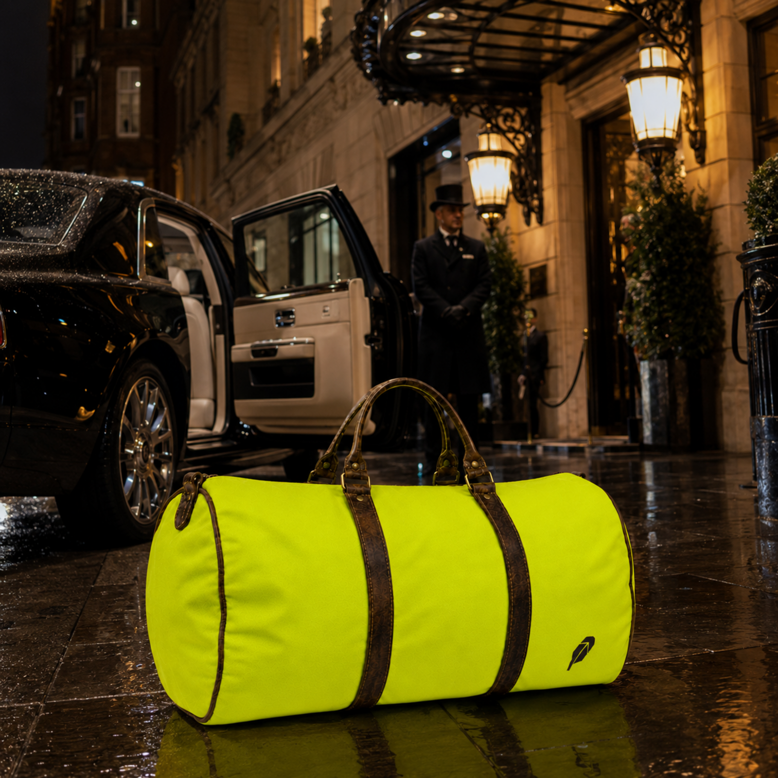 The lime-green $PACKED duffle bag in the Mayfair Midnight Arrival luxury travel meme