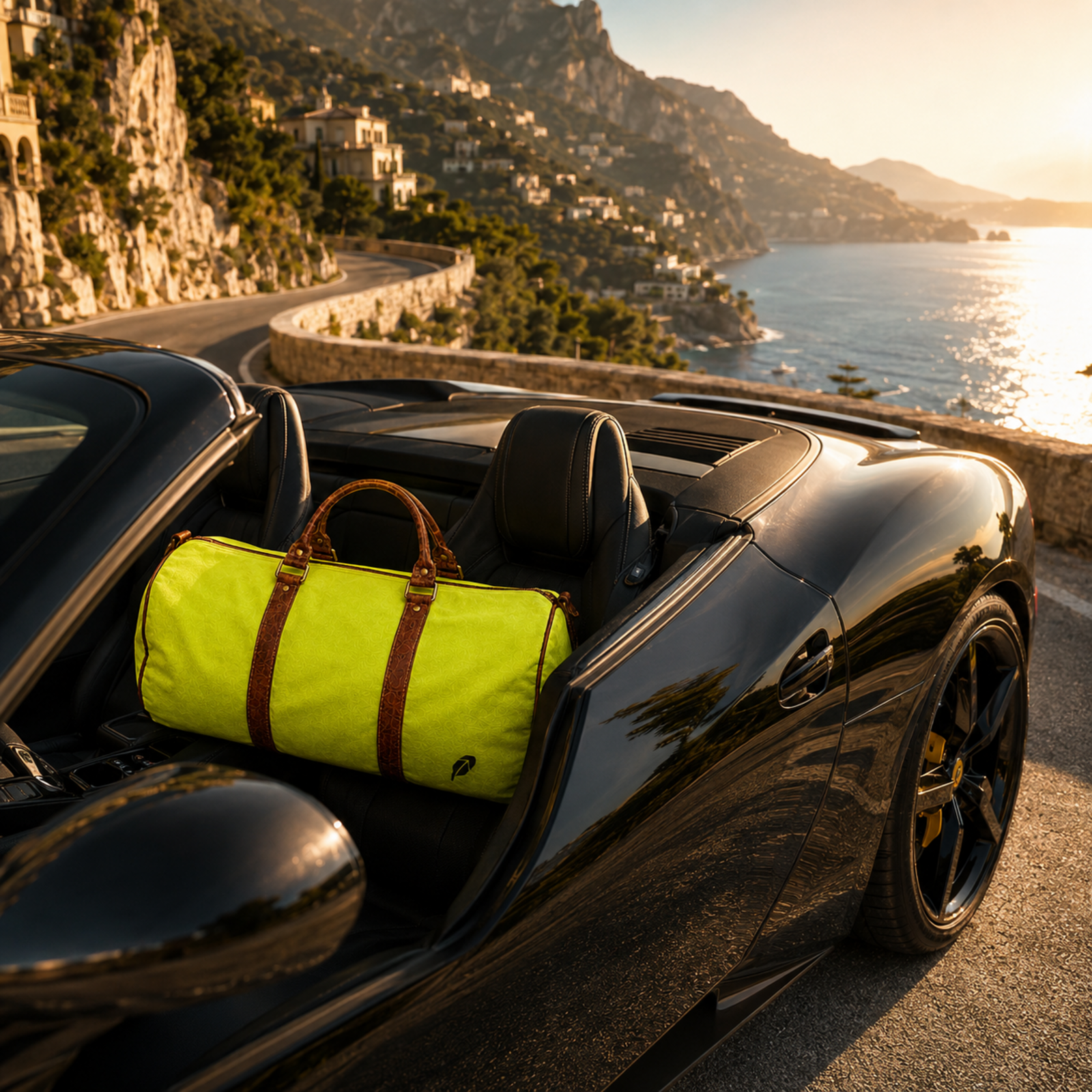 The lime-green $PACKED duffle bag in the Mediterranean Road Trip luxury travel meme