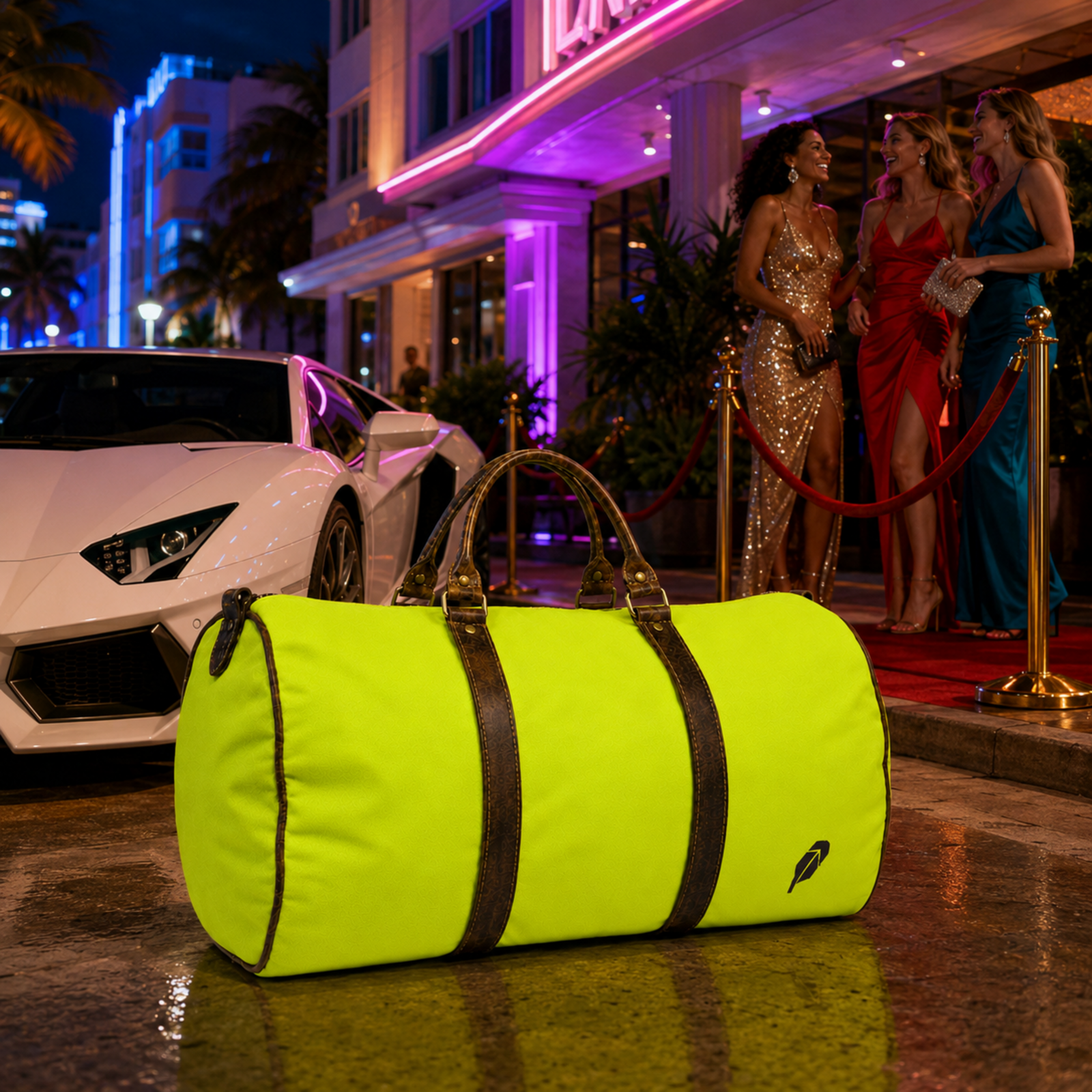 The lime-green $PACKED duffle bag in the Miami Art Deco Afterparty luxury travel meme