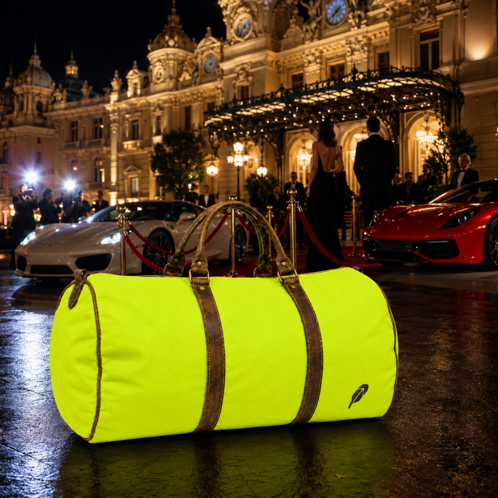 The lime-green $PACKED duffle bag in the Monte Carlo Night luxury travel meme