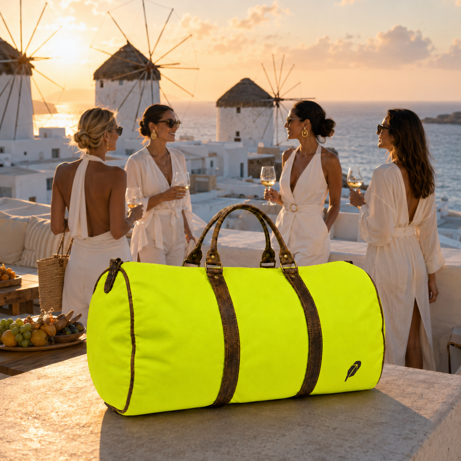 The lime-green $PACKED duffle bag in the Mykonos White Party luxury travel meme