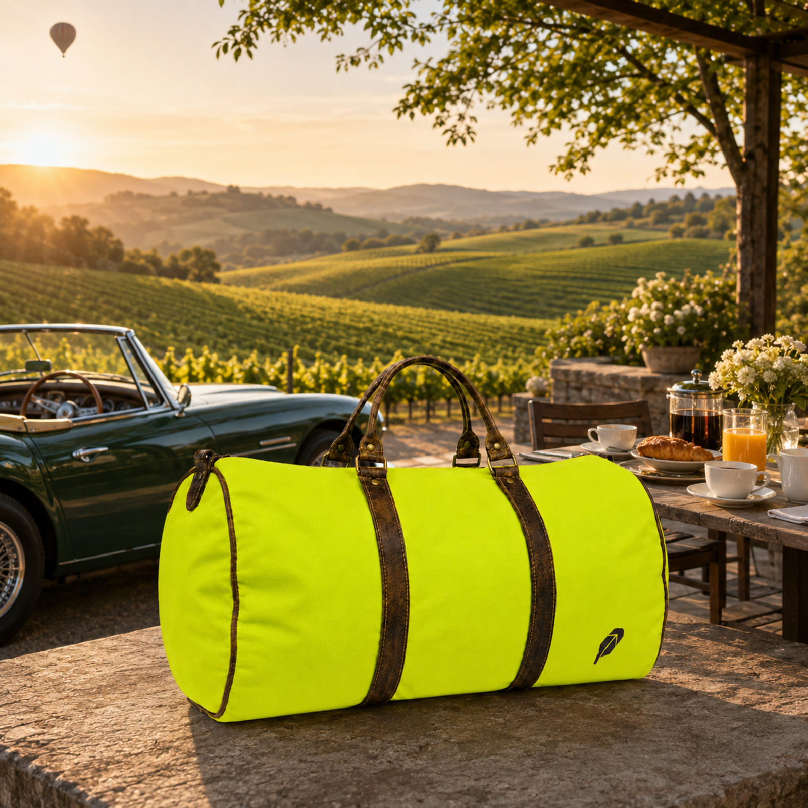 The lime-green $PACKED duffle bag in the Napa Vineyard Weekend luxury travel meme