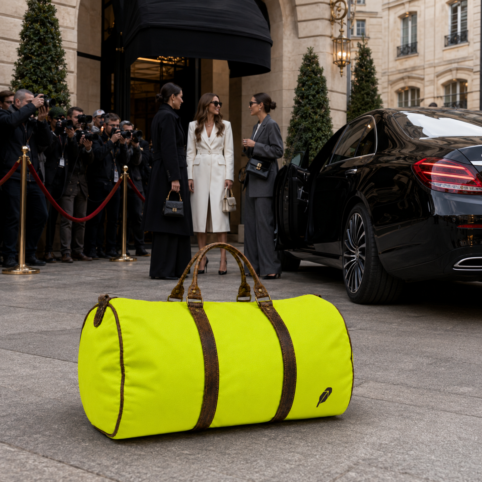 The lime-green $PACKED duffle bag in the Paris Fashion Week luxury travel meme