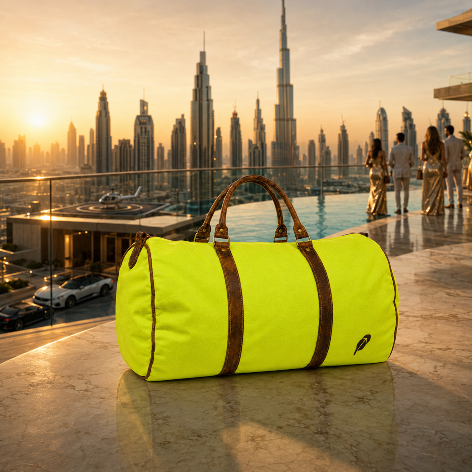 The lime-green $PACKED duffle bag in the Penthouse Morning luxury travel meme