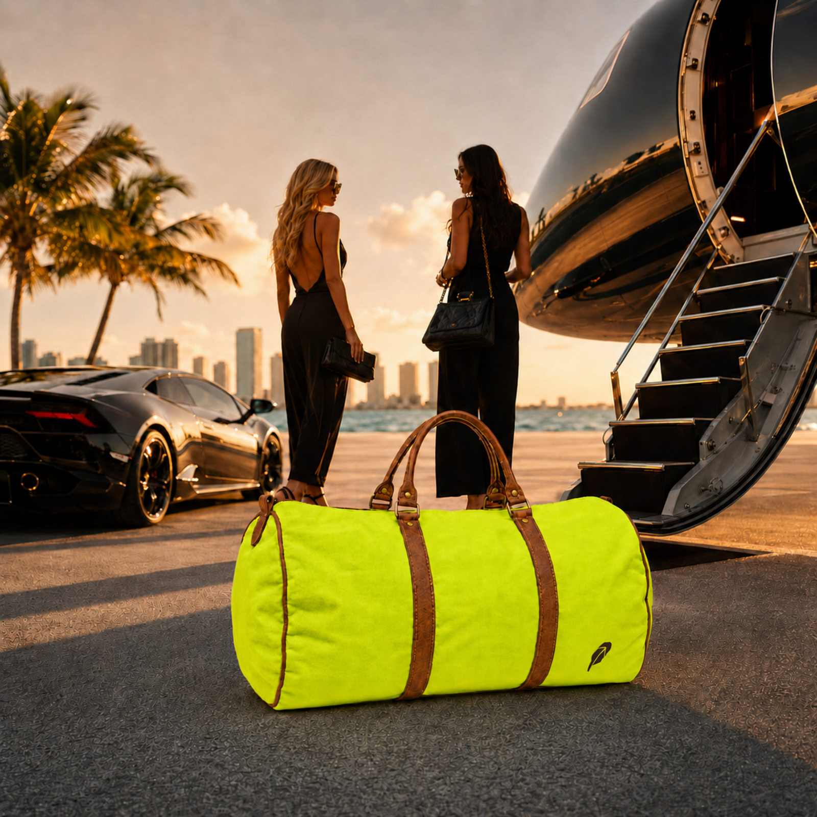 The lime-green $PACKED duffle bag in the Private Jet Arrival luxury travel meme