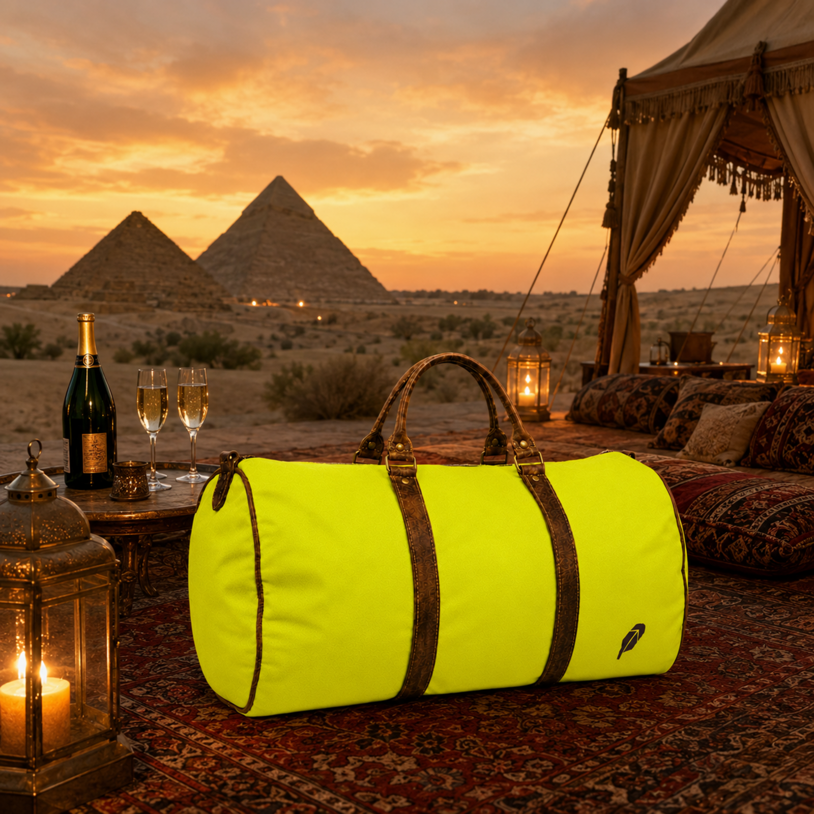 The lime-green $PACKED duffle bag in the Pyramid Desert Glamping luxury travel meme