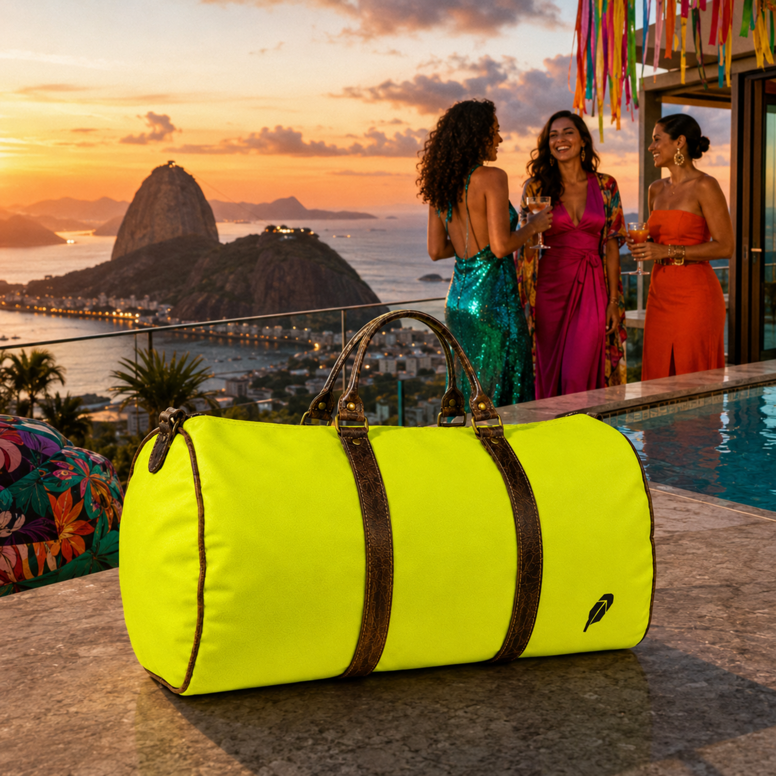 The lime-green $PACKED duffle bag in the Rio Penthouse Carnival luxury travel meme