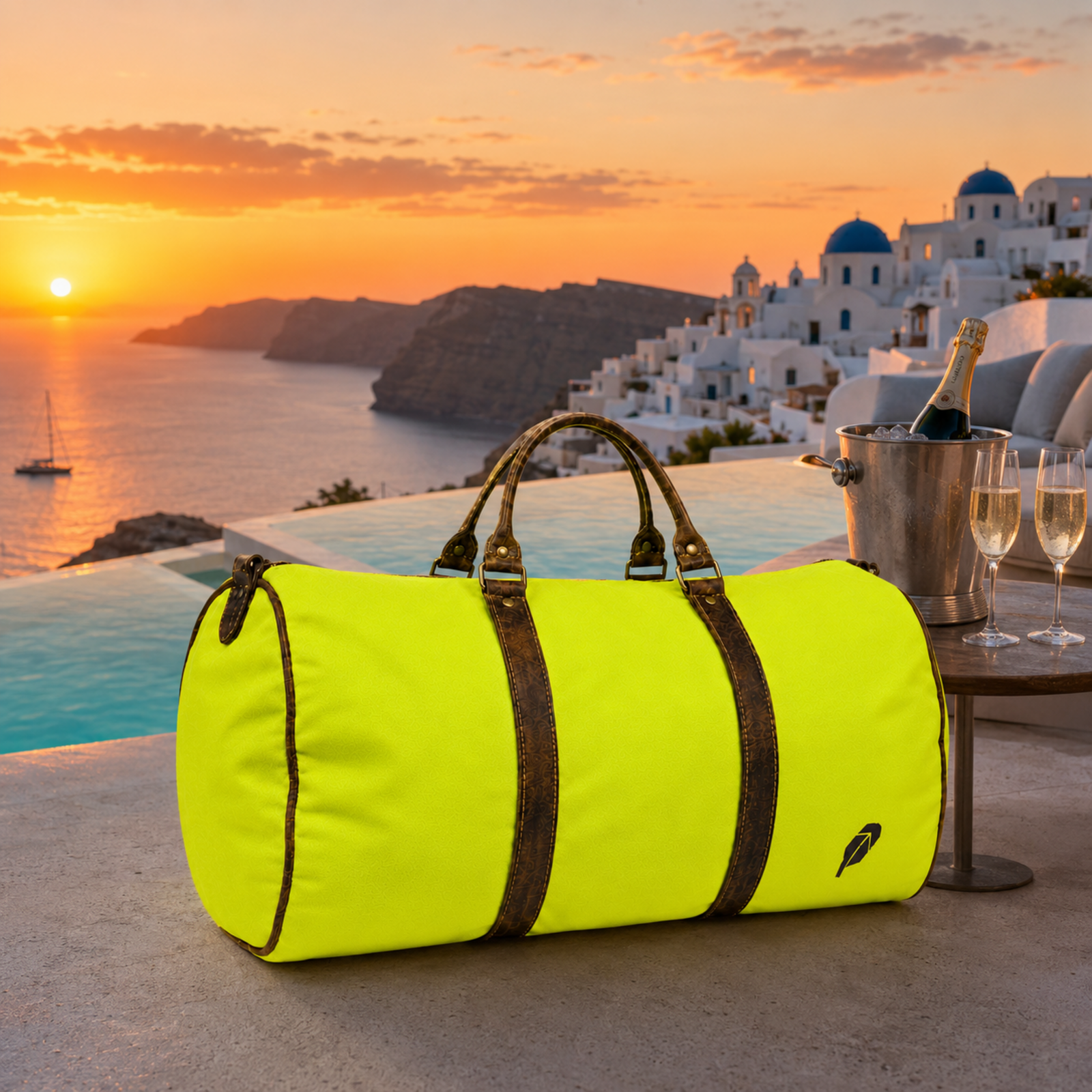 The lime-green $PACKED duffle bag in the Santorini Sunset luxury travel meme