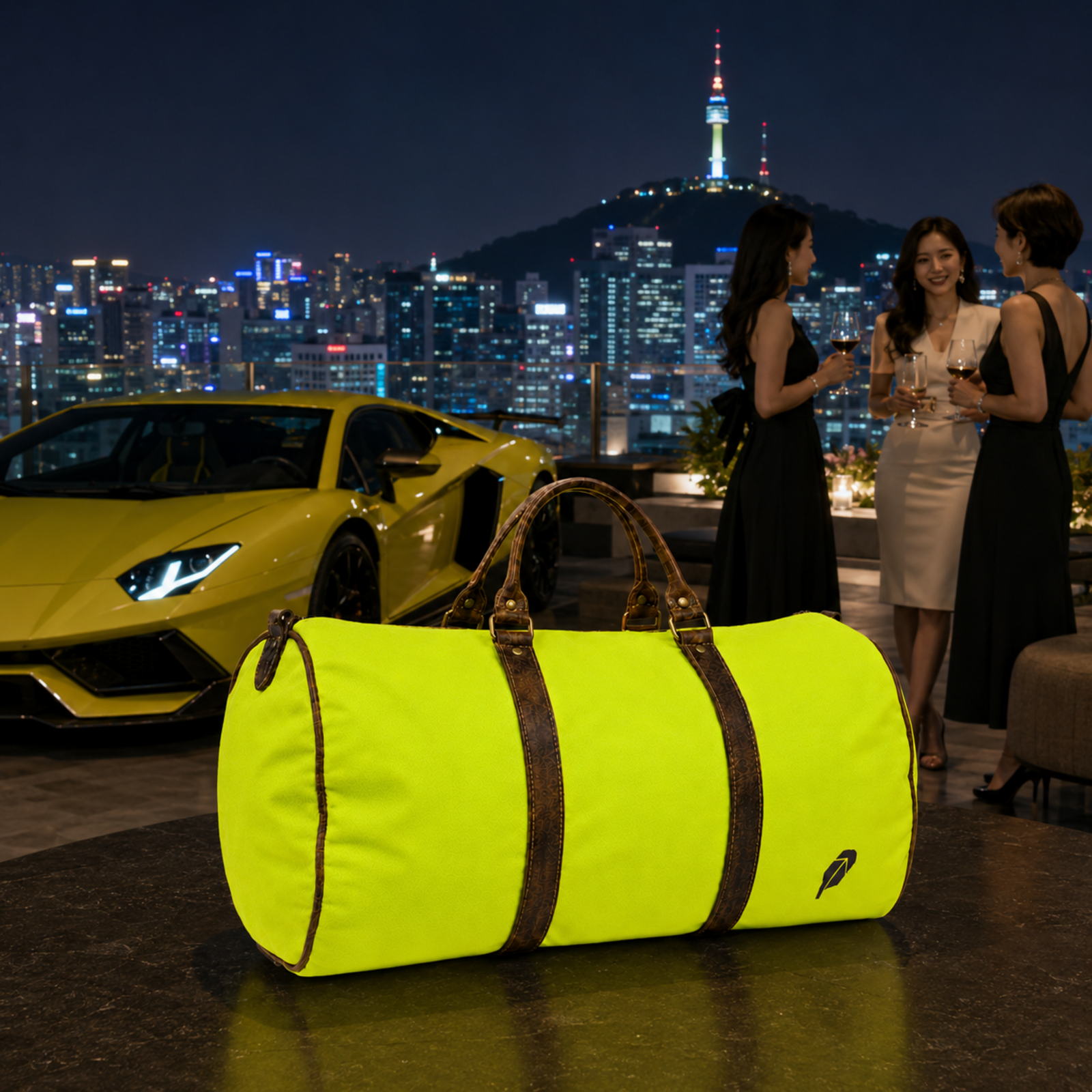 The lime-green $PACKED duffle bag in the Seoul Rooftop Night luxury travel meme