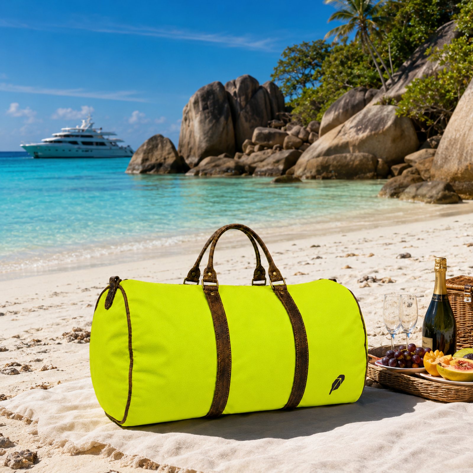 The lime-green $PACKED duffle bag in the Seychelles Sandbar Escape luxury travel meme