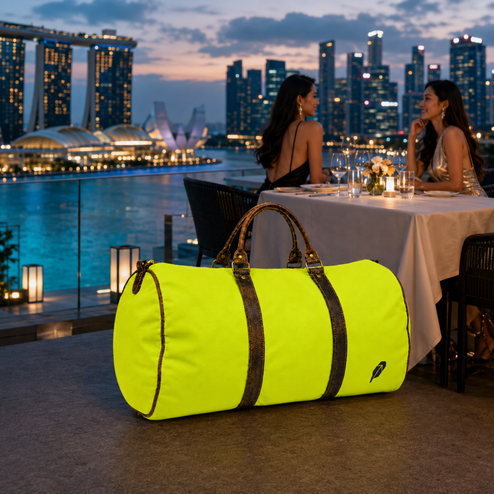 The lime-green $PACKED duffle bag in the Singapore Skyline Supper luxury travel meme
