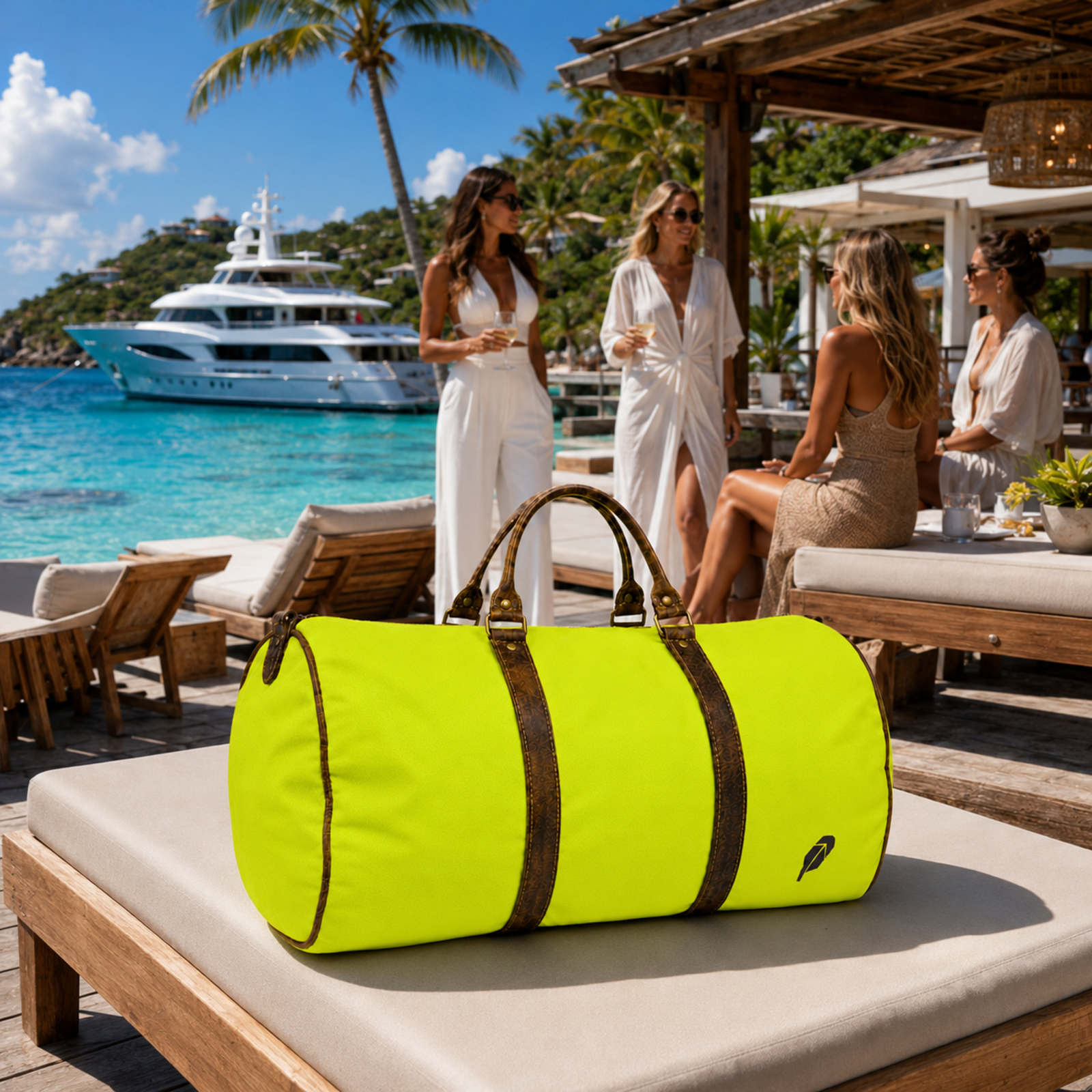 The lime-green $PACKED duffle bag in the St. Barts Beach Club luxury travel meme