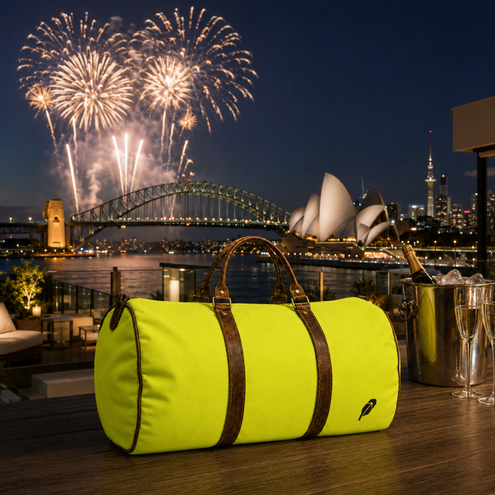 The lime-green $PACKED duffle bag in the Sydney Harbour New Year luxury travel meme