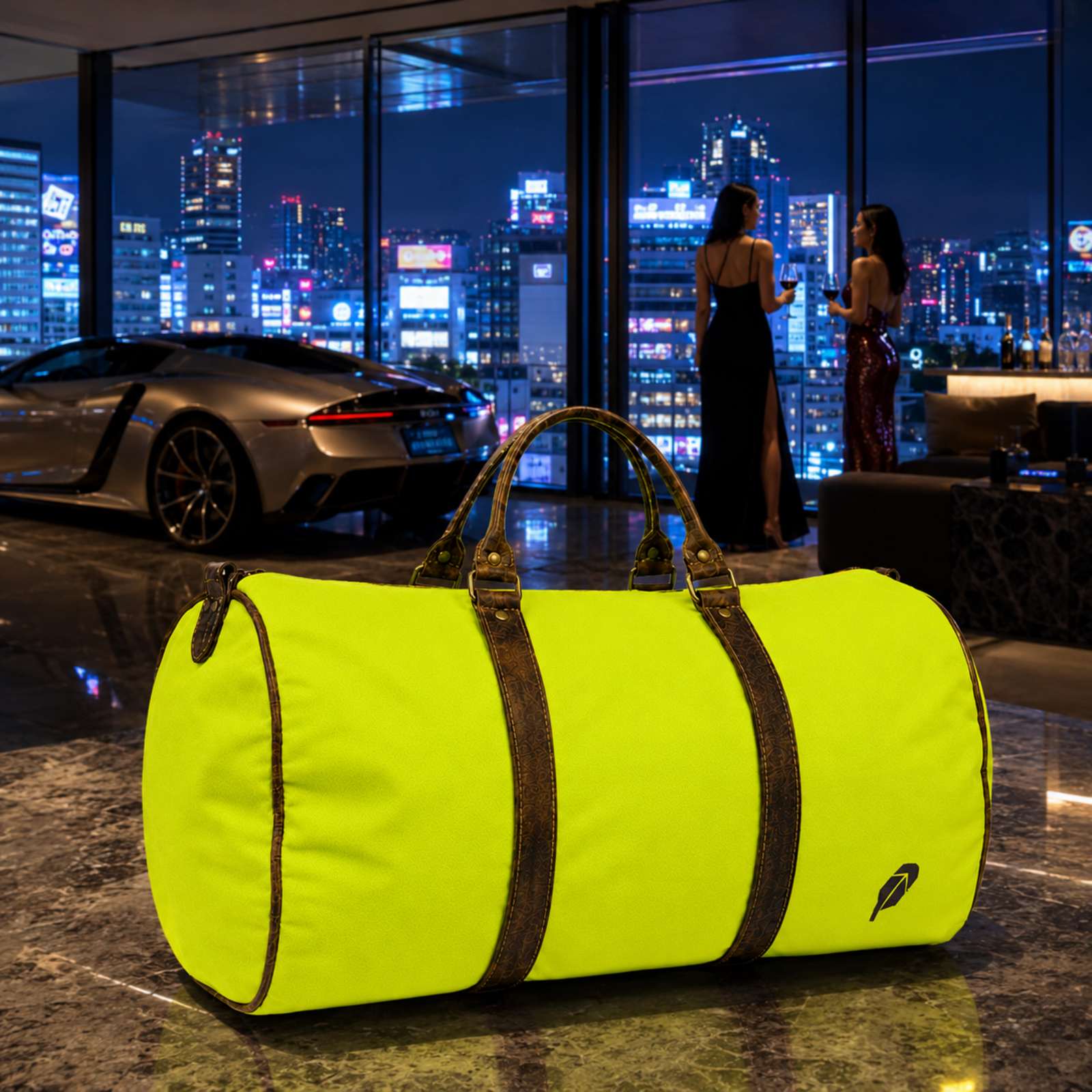 The lime-green $PACKED duffle bag in the Tokyo Neon Suite luxury travel meme