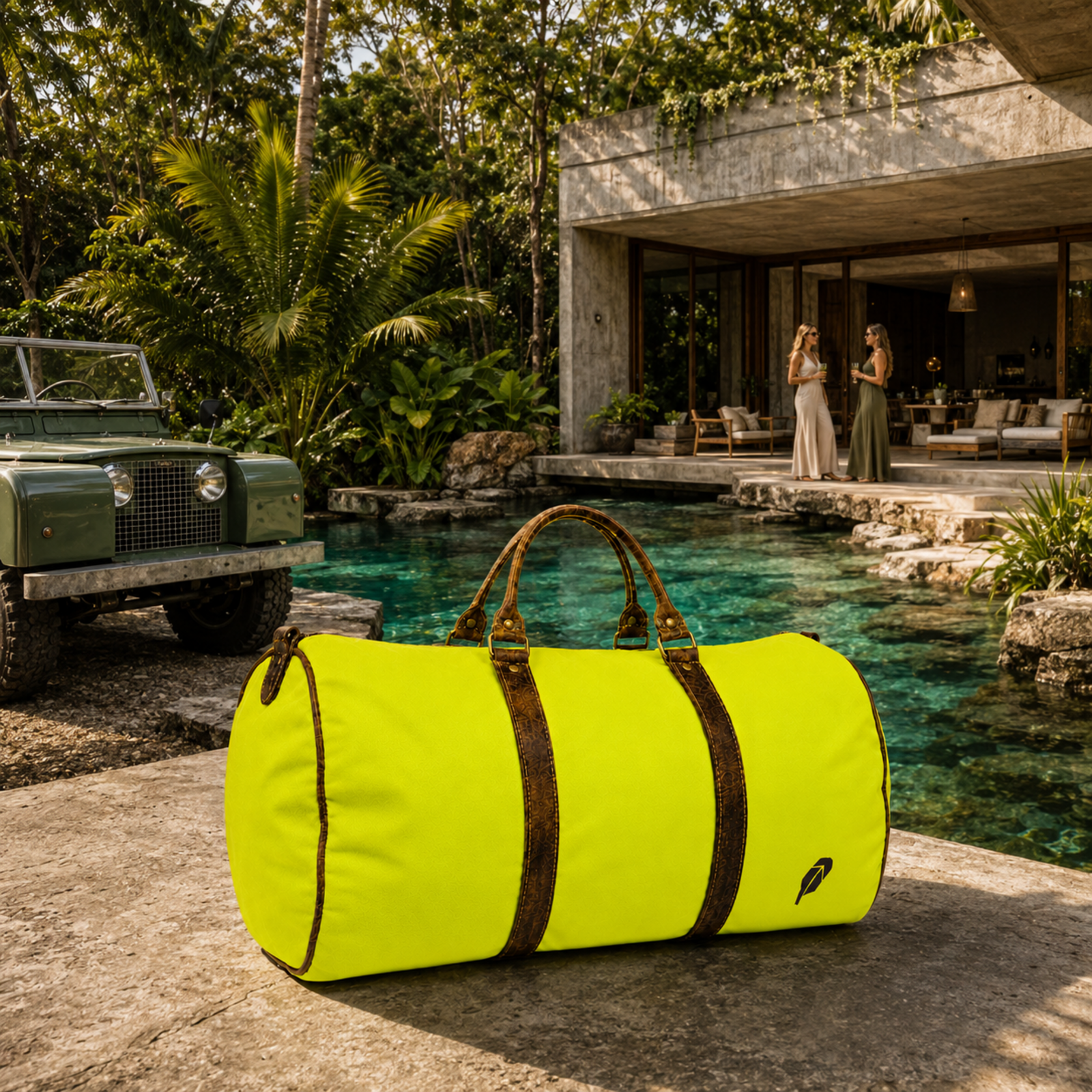 The lime-green $PACKED duffle bag in the Tulum Jungle Hideaway luxury travel meme