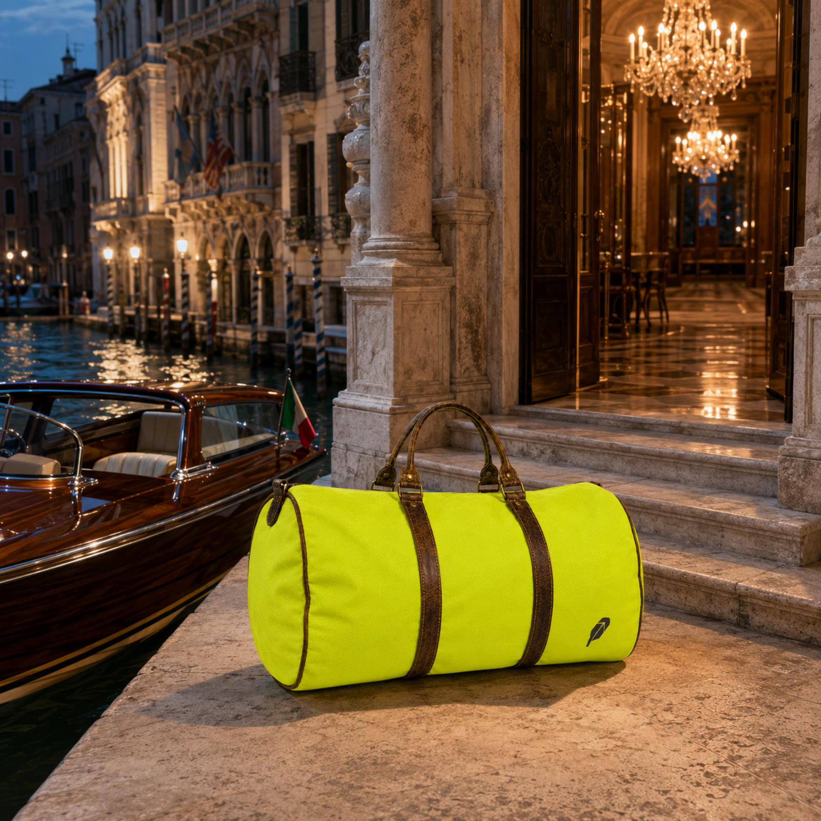 The lime-green $PACKED duffle bag in the Venice Canal Palazzo luxury travel meme