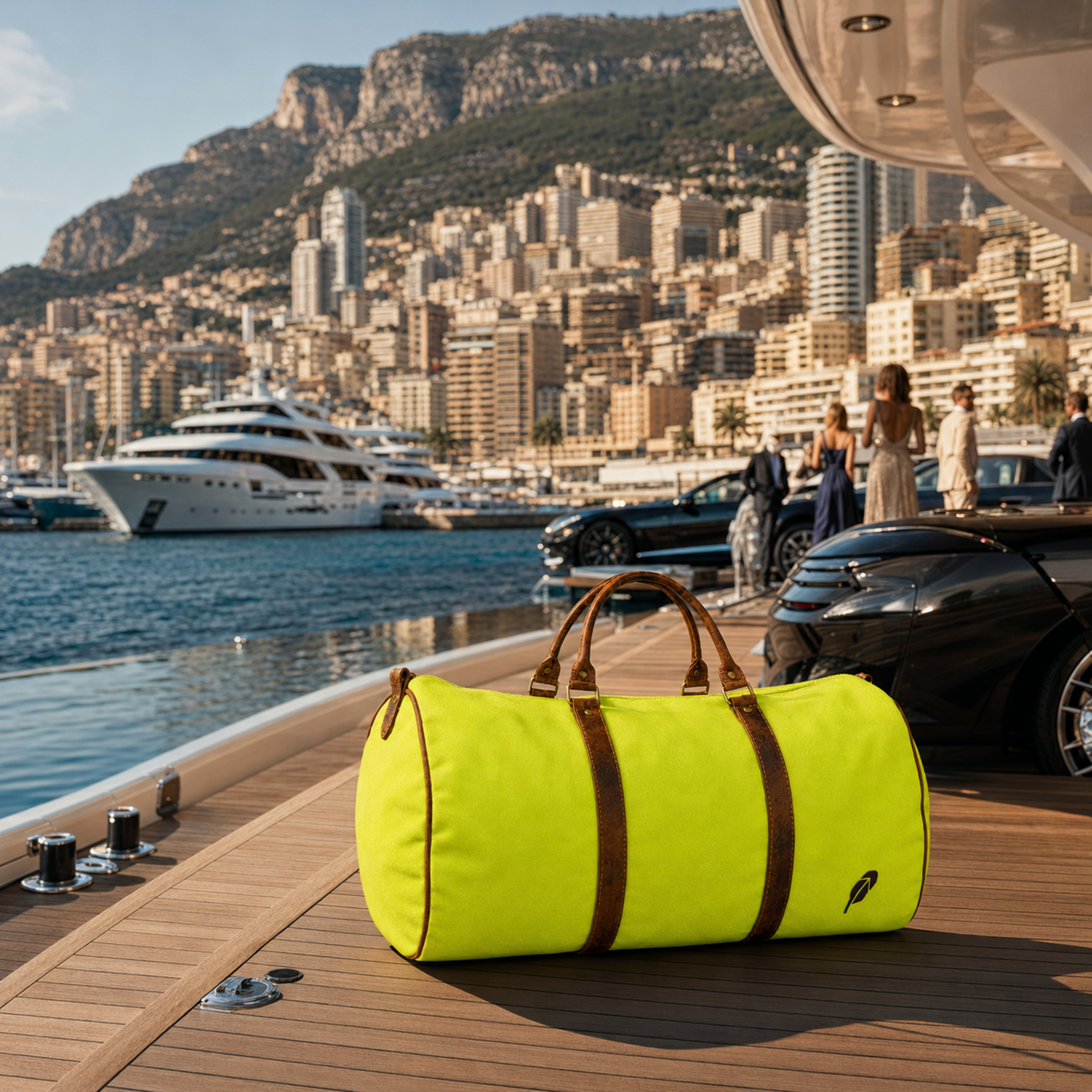 The lime-green $PACKED duffle bag in the Yacht Club Arrival luxury travel meme