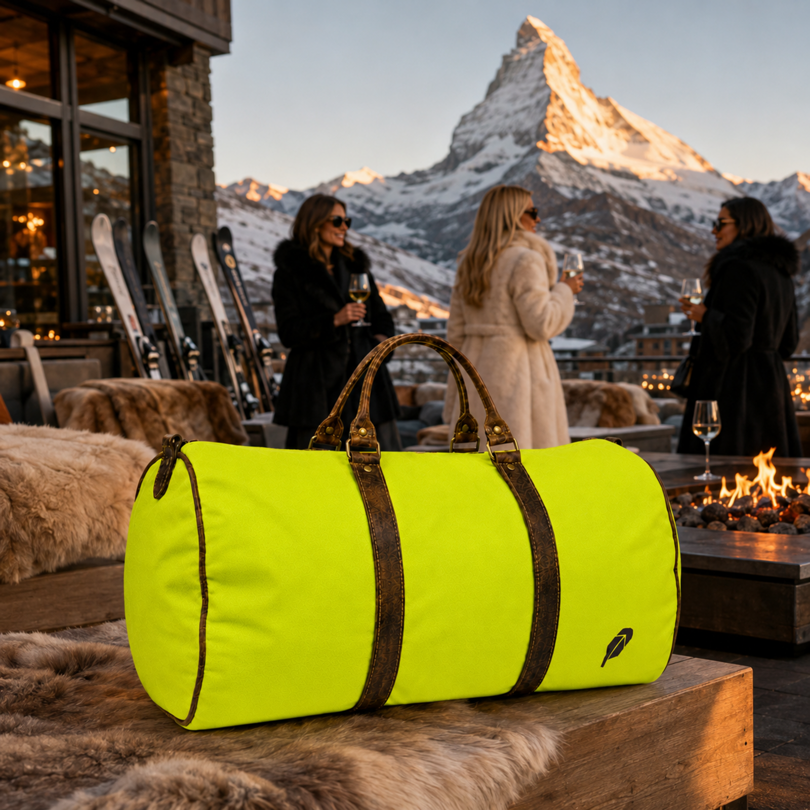 The lime-green $PACKED duffle bag in the Zermatt Après Ski luxury travel meme