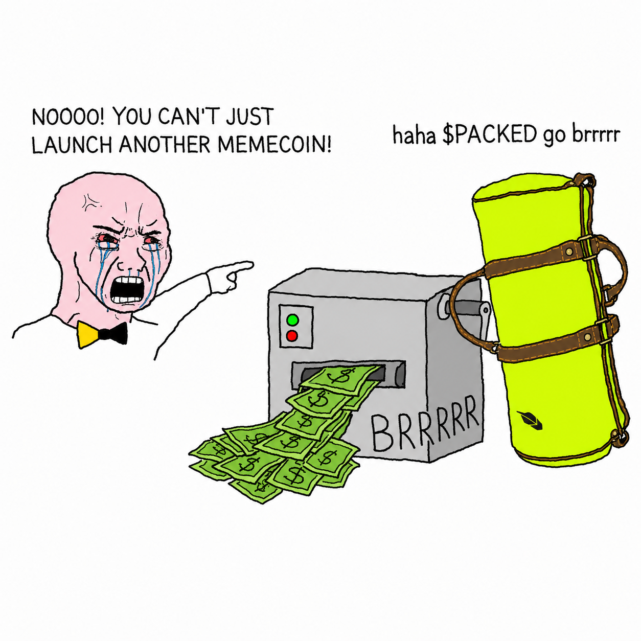 A packed duffle bag operating a money printer in the money printer go brrrr meme