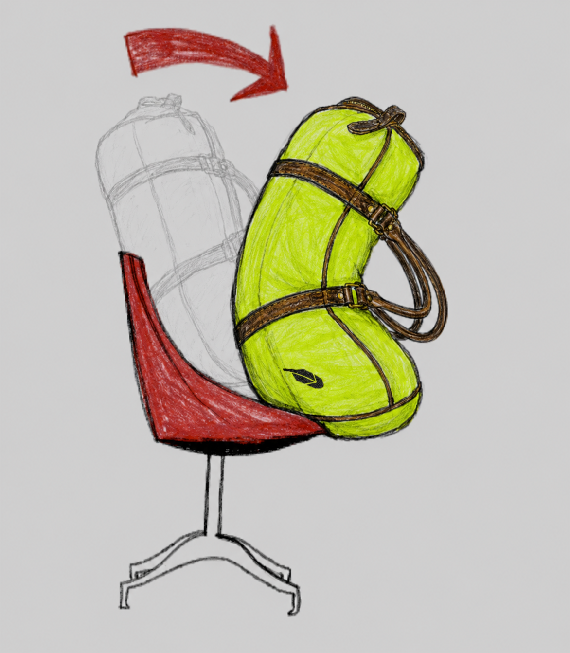 A packed lime duffle bag leaning forward in a red chair with its relaxed silhouette behind it