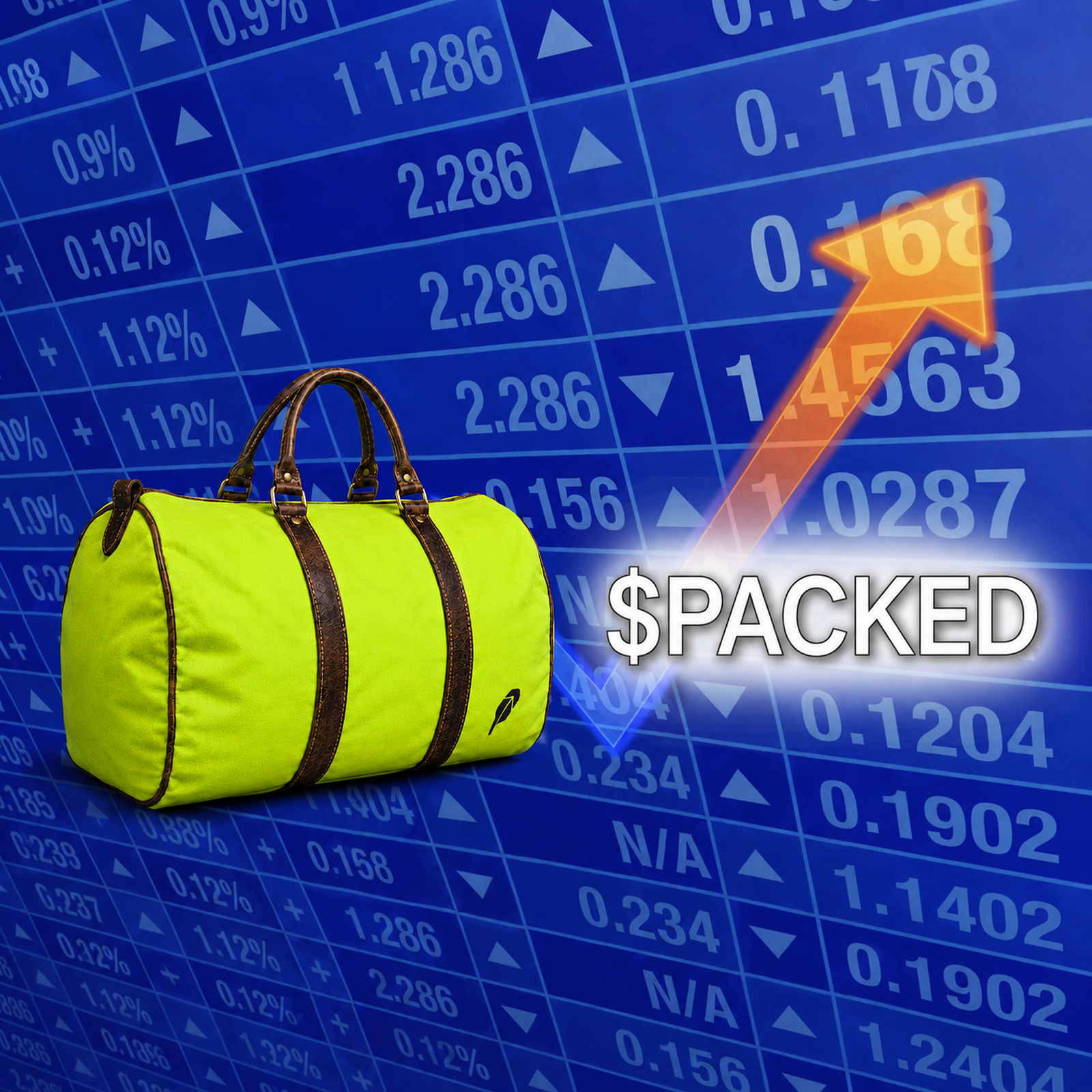 A lime duffle bag in front of a stock board and rising arrow with the word Packed